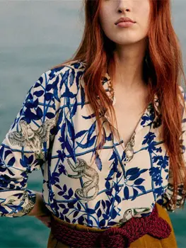 2 цвета, Женская блузка с отложным воротником и животным цветочным принтом, Свободная сорочка с длинным рукавом, Женские весенние рубашки 2023 года
