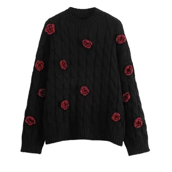 2022 Весенний Женский свитер с цветочными аппликациями в готическом стиле, женские свитера черной вязки с длинным рукавом, Y2K, Зимняя Модная Женская одежда, Топы
