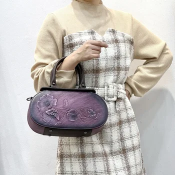 2023 Винтажная Овальная сумка Женская с резьбой по коже в китайском стиле, сумка Чонсам, сумки через плечо с цветочным принтом, женские сумки через плечо
