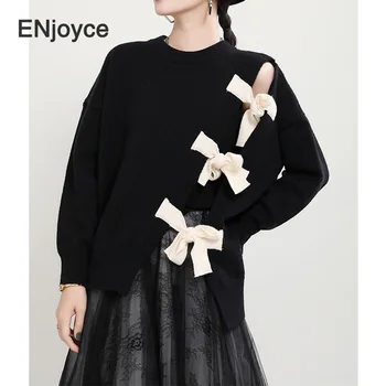 2023 Осень Зима, Черный свитер с несколькими бантами, Женские Пуловеры с длинным рукавом, Вязаная одежда в корейском стиле в стиле ретро, оверсайз