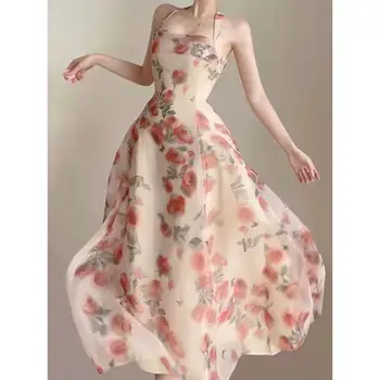 2023 Цветочное шифоновое Французское Винтажное платье феи с принтом, платье на бретелях в корейском стиле, женские сексуальные элегантные вечерние платья миди с открытой спиной