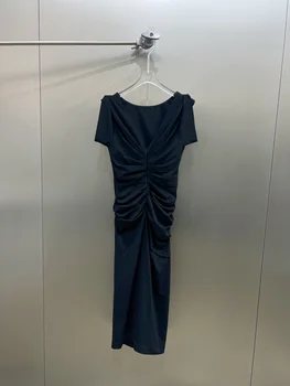 2023 новое женское модное платье с короткими рукавами и V-образным вырезом сзади, плиссированное, сшитое с запахом на бедрах, 0509