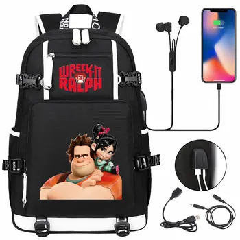 Disney Wreck-It Ralph USB подростковые школьные сумки Женские мужские рюкзаки для ноутбука для девочек и мальчиков Детские школьные сумки для книг
