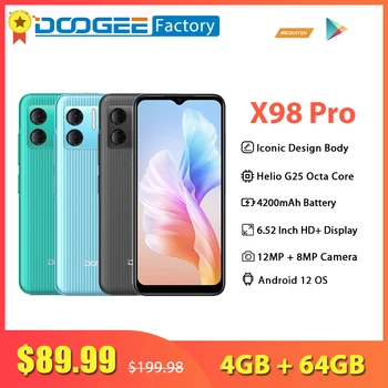 Doogee X98 Pro 4 ГБ 64 ГБ Android 12 Смартфон с 6,52-дюймовым HD-дисплеем, Восьмиядерный Сотовый телефон, 12-Мегапиксельная Камера, 4200 мАч, Телефон