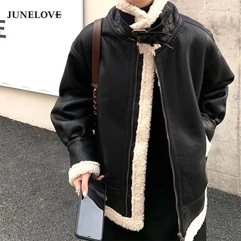 JuneLove/ Женские шубы из искусственной кожи, куртки из овечьей кожи, модная верхняя одежда на молнии с длинными рукавами, осенне-зимнее теплое пальто