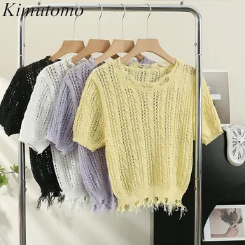 Kimutomo Нежный дизайн с кисточками, вязаный пуловер, женский милый пуловер с круглым вырезом и пышными рукавами, Однотонный Простой Универсальный свитер Ins