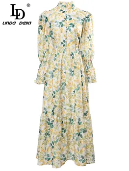 LD LINDA DELLA 2023, Весеннее женское модное вечернее платье трапециевидной формы с длинным рукавом-фонариком, Маленькое платье Миди в стиле пэчворк с цветочным принтом.