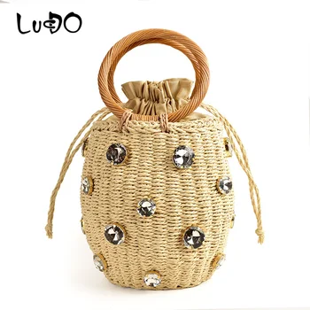 LUCDO Small Straw Bucket Bag 2020 Новая соломенная сумка ручной работы, украшенная стразами, Женская дорожная сумка и кошельки-тотализаторы