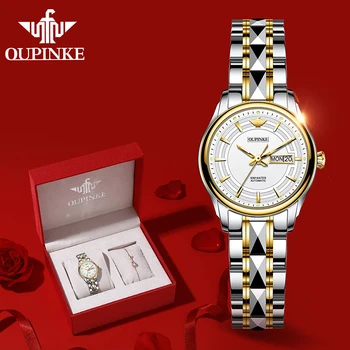 OUPINKE Лучший бренд класса Люкс, Новые женские Автоматические Механические Часы, Водонепроницаемый ремешок из вольфрамовой стали, Сапфировые женские часы, Подарочный набор