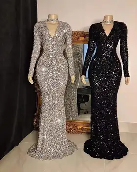 Partysix 2022 Женское Серое платье с V-образным вырезом и длинным рукавом с блестками, Элегантное вечернее платье, платье Макси для вечеринок, женские платья со шлейфом