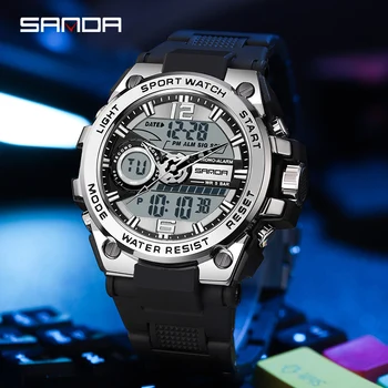 SANDA Dual Time Армейские спортивные часы на открытом воздухе для мужчин, светящиеся водонепроницаемые Квартовые Цифровые наручные часы, будильник, Календарь со светодиодной подсветкой