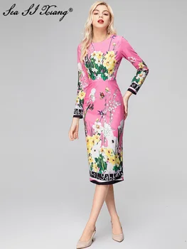 Seasixiang, модное дизайнерское весенне-летнее женское платье-карандаш с круглым вырезом и длинным рукавом, цветочный принт, Офисное женское платье для ягодиц
