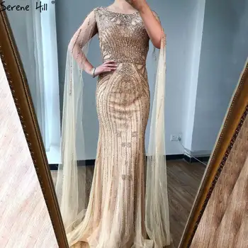 Serene Hill Dubai Gold Роскошное вечернее платье Русалки с бисером 2023, Накидка с рукавами, Сексуальное женское вечернее платье CLA70868