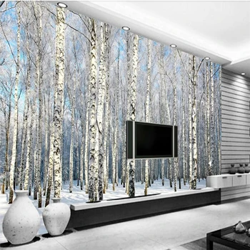 beibehang Современный минималистский березовый снежный пейзаж телевизор диван фон стены большая фреска на заказ зеленые обои papel de parede