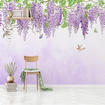 wellyu Красивая ручная роспись фиолетовый цветок птица бабочка телевизор диван стена на заказ большие настенные обои papel de parede