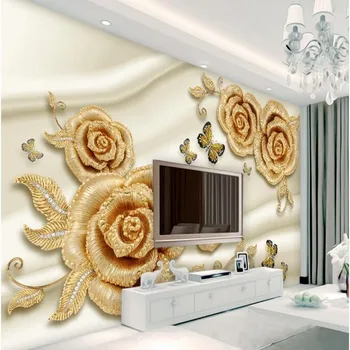 wellyu Пользовательские большие фрески роскошные 3D золотые украшения с розами и бриллиантами, бабочки, ТВ-фон, нетканые обои для стен