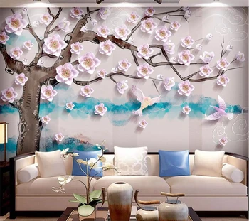 wellyu Пользовательские обои 3d рельефные фрески элегантный и простой персиковый новый китайский телевизор фон украшение стен живопись обои