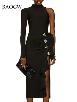 Весеннее женское Сексуальное бандажное платье с рюшами в стиле пэчворк с одним плечом, черное, красное, с кристаллами и бриллиантами, Роскошное Элегантное платье для вечеринки в вечернем клубе