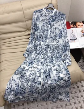 Весеннее платье с рисунком синими чернилами 2023, Однобортное, объемного кроя, с принтом в виде флоры, кружевная юбка с завязками большого размера.