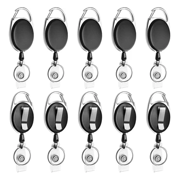Выдвижная катушка для бейджа из 10 упаковок С карабином для ремня и кольцом для ключей для удостоверения личности, брелка для ключей, держателя бейджа Черного цвета