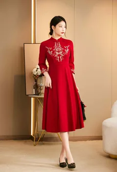 Высококачественное Весеннее Женское платье Чонсам в стиле ретро с элегантной вышивкой, красное / черное, трапециевидное Женское вечернее платье Qiapao, S-XXL