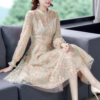Высококачественное Сетчатое элегантное платье миди с вышивкой 2023, весеннее Винтажное кружевное платье с цветочным рисунком, женское облегающее платье для вечеринки, вечерние платья