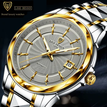 Деловые Механические мужские часы LIGE DESIGN, лучший бренд, Роскошные Золотые Автоматические часы из вольфрамовой стали, водонепроницаемые часы с датой