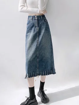 Джинсовая юбка Circyy, Женская Длинная юбка трапециевидной формы с высокой талией, Весенняя повседневная Корейская модная одежда с кисточками, Винтажная Уличная джинсовая юбка