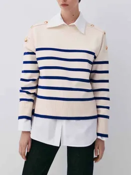 Для женщин 2023, Новый Модный Повседневный вязаный свитер в полоску с пуговицами, Винтажные женские пуловеры с длинным рукавом, Шикарные топы