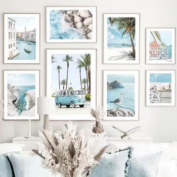 Домик-фургон Venice Beach, раковина для серфинга, голубь, настенное искусство, холст, живопись, плакаты на скандинавскую тему и принты, настенные панно для декора гостиной