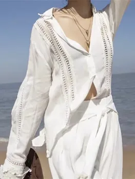 Женская Романтическая Белая блузка с кружевной вышивкой, открытый Элегантный женский однобортный топ, рубашки с длинным рукавом для пригородных поездок