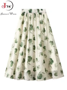 Женская летняя шифоновая юбка, повседневная Элегантная юбка с высокой талией, для пляжного отдыха, с цветочным принтом, длинная юбка трапециевидной формы Миди