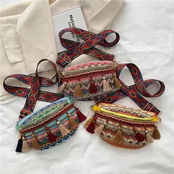 Женская поясная сумка в этническом стиле с регулируемым ремешком Поясная сумка пестрой расцветки с бахромой Модные нагрудные сумки через плечо