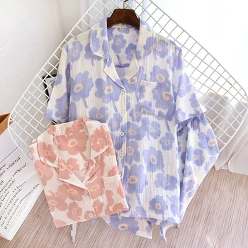 Женская хлопковая пижама QWEEK с принтом в виде флока, женские пижамы из дышащей марли, костюмы для сна с шортами, домашняя летняя пижама