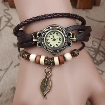 Женские Винтажные кварцевые часы из натуральной кожи, многослойный браслет ручной работы, Наручные часы с регулируемой длиной, браслет для парных часов