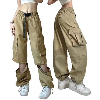 Женские брюки-карго с эластичной талией, однотонные свободные брюки с карманами для улицы в повседневном стиле