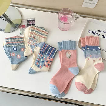 Женские носки средней длины с тюльпанами, весенне-осенние дышащие Японские носки в стиле милой литературы Ins, трендовые Корейские носки для девочек