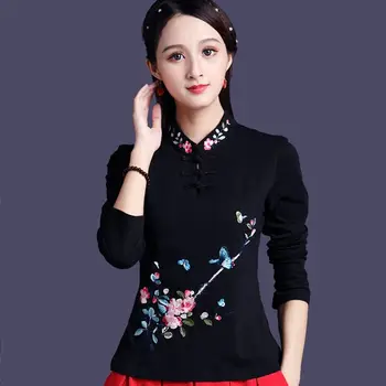 Женский топ с цветочной вышивкой в китайском стиле, винтажная рубашка с воротником-стойкой, повседневная женская блузка, традиционная одежда для девочек