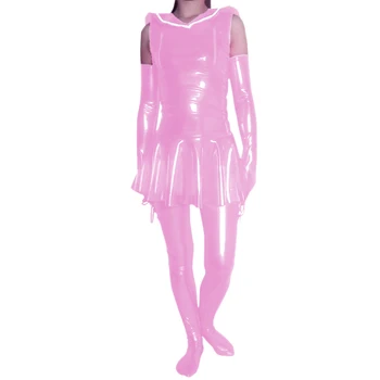 Женское мини-платье без рукавов с сексуальным кукольным воротником из искусственной кожи из ПВХ, Чулки, перчатки, комплект уличных костюмов для косплея, клубная одежда S-7XL