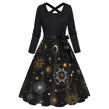 Женское платье с длинными рукавами и принтом Небесного Солнца, Луны, звезды и Галактики, вечернее платье трапециевидной формы с бантом и крестом, с высокой талией