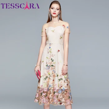Женское роскошное сетчатое платье с вышивкой TESSCARA, Высококачественное Длинное свадебное платье для вечеринок, Женское винтажное Дизайнерское платье с цветочным рисунком.