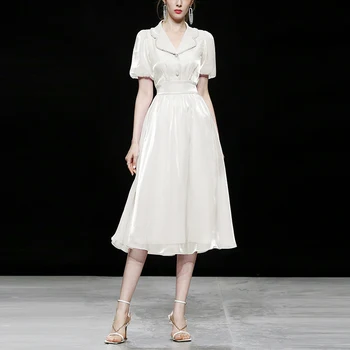 Женщины 2022 Корейская Мода Миди Платье Летнее Белое Винтажное Плиссированное Платье С Пышными Рукавами Vestido Feminino Robe Argent