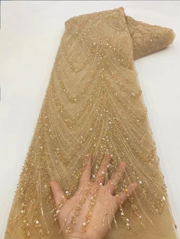 Золотой Английский тюль, кружево, блестки, сетчатая ткань, расшитая бисером, узоры Asoebi для пошива вечерних платьев