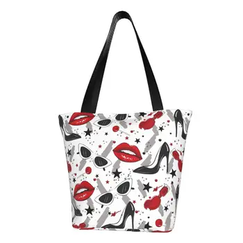 Изготовленная на заказ холщовая сумка для покупок с красными губами и черными каблуками, женские прочные сумки для покупок в продуктовых магазинах