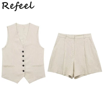 Комплекты шорт Refeel, женский модный льняной камзол, Однобортный шикарный жилет с коротким льняным жилетом, верхняя одежда Mujer