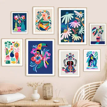 Красочный цветок Тукан, маргаритка, ваза, листья, абстрактное настенное искусство, холст, живопись, плакаты и принты, настенная картина для декора гостиной