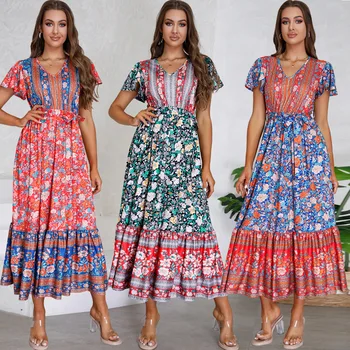 Летнее Новое Длинное платье с V-образным вырезом и рюшами, с Цветочным принтом, вечерние платья, длинные платья для женщин, летнее платье