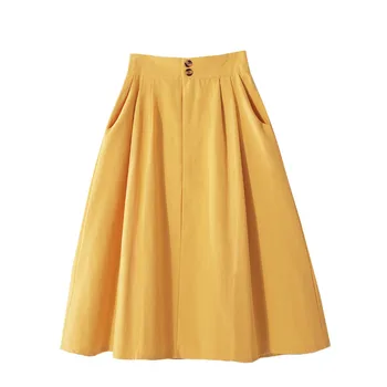 Летние юбки трапециевидной формы 2022 года для женщин, однотонная повседневная юбка средней длины с эластичным поясом на двух пуговицах, низ в стиле минимализм D001