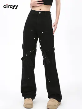 Мешковатые джинсы, женские винтажные черные брюки-клеш с высокой талией, свободные джинсовые брюки в стиле пэчворк во всю длину, уличная одежда от нового дизайнера Y2K