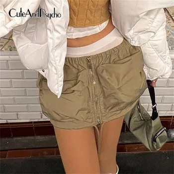Мини-юбки-карго Cuteandpsycho Y2K с большими карманами на молнии, базовые однотонные винтажные наряды на шнурках, уличная модная эстетичная юбка